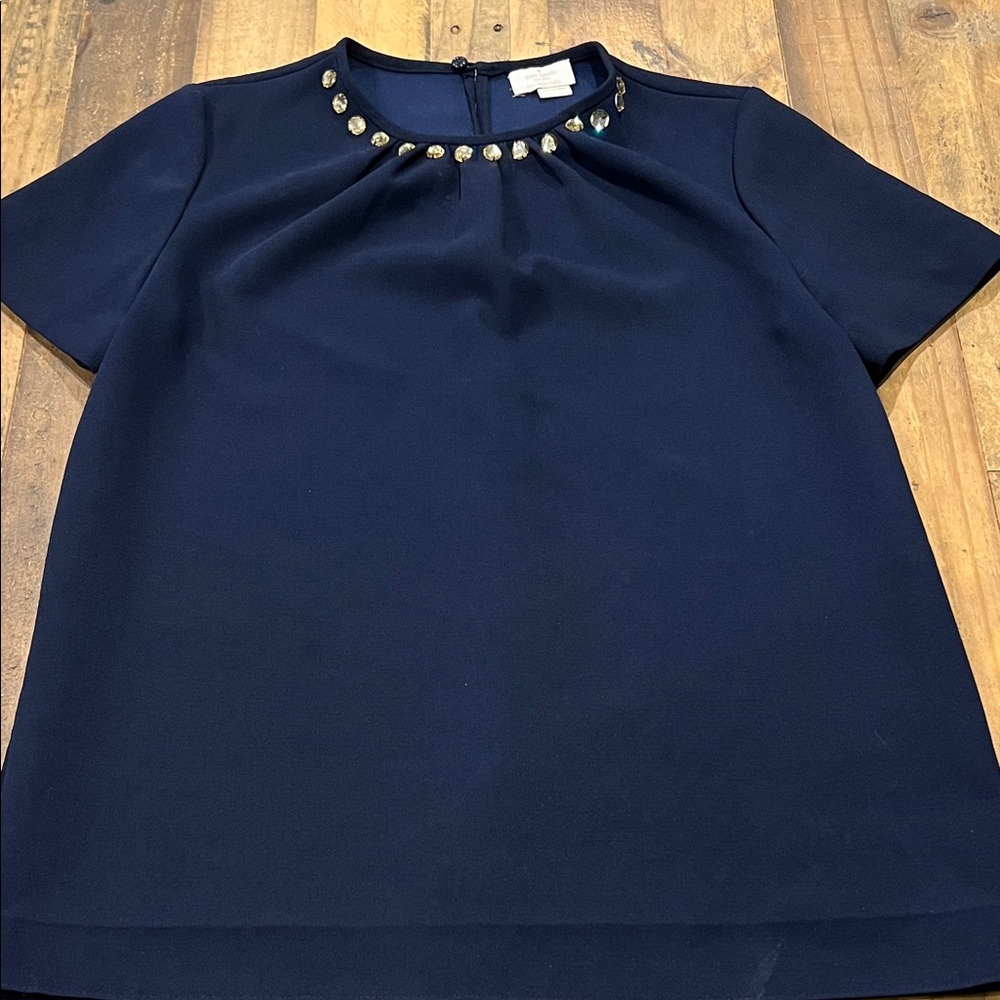 Kate Spade New York Navy Blouse Gold Crystal Embellished Neckline EUC